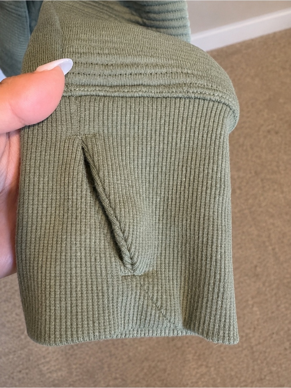 Sage Green Ribbed Funnel Neck Pullover Sweatshirt with Thumbholes - Picture 4 of 8